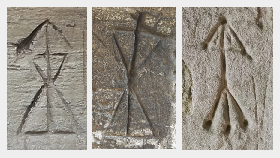 graffitis gravés dans la pierre de vieilles églises situées sur des points clefs des deux messages